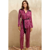 Aria's Closet Satençizgili Düğmeli Uzun Kol Dantelli Gömlek Ve Pantolon Pijama Bordo