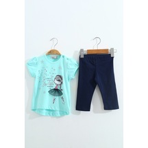 Toontoy Kids Toontoy Kız Çocuk 2'li Takım Baskılı Bisiklet Yaka T-shirt & Beli Lastikli Kapri Şort Mint Yeşili