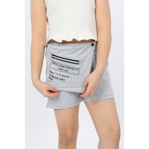 Toontoy Kız Çocuk Baskılı Beli Lastikli Anvelop Kapama Asimetrik Şort - Fermuarlı Torba Detaylı Gri