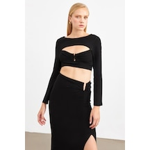 Fashion Cocktail Toka Aksesarlı Uzun Kol Crop Yırtmaçlı Beli Bağlama Midi Etek Takım Siyah Siyah