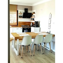 Doğal Ahşap Yemek Masası 10 Kişilik 80-220-76 Cm Beyaz Metal Ayak