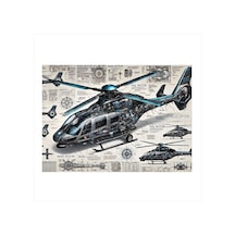 Teknik Çizimli Helikopter Hediyelik Mdf Tablo