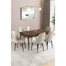 Familieconcept Almira Serisi, Barok Ahşap Desen 80x132 Açılabilir Mdf Mutfak Masası Takımı 6 Adet Sandalye Krem