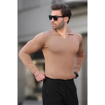 Madmext Camel Polo Yaka Çizgili Uzun Kollu Erkek Kazak 7289 Camel