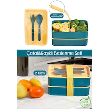 2 Katlı Ayarlanabilir Dikdörtgen Beslenme Kabı - Çatal Kaşık Servisli Yemek Saklama Kutusu Yeşil Sarı Yeşil