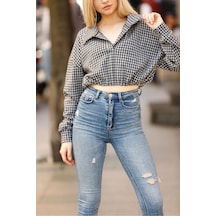 Bella Dossi Kaz Ayağı Desenli Crop Sweat Siyah