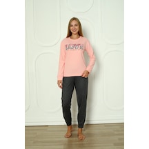 Wordex Fawn 04-3011 İnterlok Kumaş Love Baskılı Kışlık Ev Kadın Pijama Takımı Soft Pembe