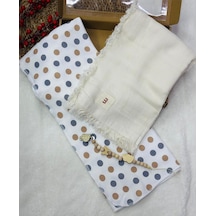 Müslin Battaniye Ve Pamuk Battaniye + Emzik Askısı Hediyeli Kutulu Ekru&yuvarlak Desen