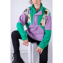 Kadın Erkek Kedi Desenli Yarım Fermuarlı Polar Sweatshirt