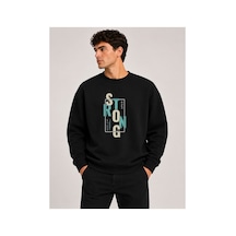 Herkesemoda Strong Baskı Detaylı Bisiklet Yaka Şardonlu 2 İplik Sweatshirt Siyah