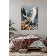 Beyaz Kuş Baskılı Cam Tablo Zarif Turna Kuşu Doğa Temalı Duvar Dekoru