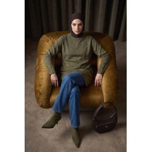 Armine Trend Geometrik Desenli Bisiklet Yaka Uzun Kollu Rahat Kesim Tunik Haki 26ktd411