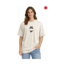 Unisex Oversize Tişört %100 Pamuk Bej Kedi Baskılı Basic Salaş Rahat Yazlık Erkek Kadın T-shirt Bej
