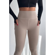 Balenbi Haute Kadın Yüksek Bel Toparlayıcı Çift Cepli Leggings Fitness Tayt 1092 Bej