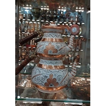Bakır Çaydanlık El Işlemesi Çiçek Desenli Beyaz Renk İşlemeli Beyaz