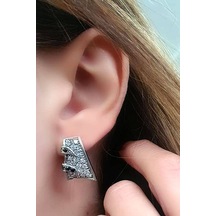 Zirkon Oniks Taş Detaylı Gümüş Modern Küpe
