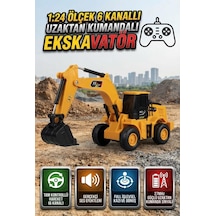 Uzaktan Kumandalı Kepçe İş Makinası 1:24 Ölçekli 6 Fonksiyonlu Sesli Ve 4 Çeker Oyuncak Ekskavatör Sarı