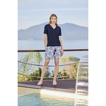 Monamise Kadın Etnik Desenli Kısa Kollu V Yaka Şort Takımı 25112 Lacivert