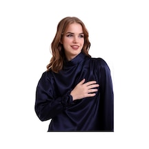 Mois Atelier Lacivert Saten Büzgülü-Pileli Bluz, Tasarım, Büyük Beden, Tesettür