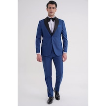 Slim Fit Çıkarılabilir Şal Saten Yaka Parlement Yelekli Damatlık Smokin Takım Black 072 Parlement