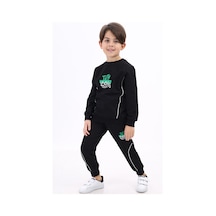 Toontoy Kids Toontoy Erkek Çocuk 2'li Takım Baskılı Bisiklet Yaka Sweatshirt & Beli Paçası Lastikli Jogger Eşofman Altı - Biye Detaylı 2 İplik Siyah