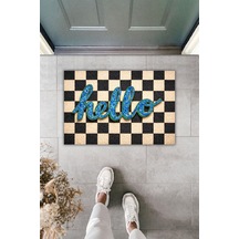 Rugmood Modern Dijital Baskı Paspas - Hello Yazılı Siyah Beyaz Kareli Şık Kapı Önü Paspası