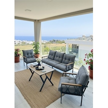 Ard & Garden Miray 311 Masalı Gri Fermuarlı Bahçe Balkon Takımı, Salon, Teras- Berjer Düğmeli Metal Çay Seti Gri