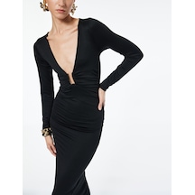 Koton Aksesuar Detaylı Uzun Kollu Slim Fit Derin V Yaka Maxi Bodycon Elbise Siyah 6wak80326ek Siyah