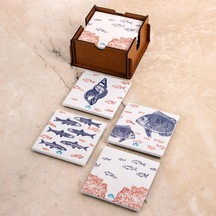 Balıklar Ve Mercan Seramik Ahşap Kutulu 4'lü Bardak Altlığı