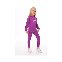 Toontoy Kids Toontoy Kız Çocuk 2'li Takım Baskılı Bisiklet Yaka Düşük Omuz Cepli Sweatshirt & Basic Düz Tayt Mor