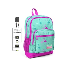 Coral High Kids Dört Gözlü Kız Çocuk İlkokul Çantası Yeşil Flamingolar Baskılı - USB+AUX Soketli 23275