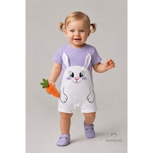 Babyden's Tavşan Figürlü Kız Bebek Şortlu Tulum %100 Pamuk Yazlık Tulum Günlük Bebek Tulumu 0-9 Ay Lila