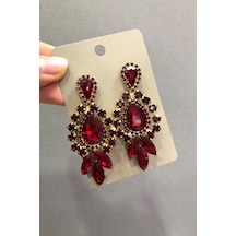 Fdayaksesuar Kırmızı Kristal Taşlı Altın Sarısı 3 Taş Oval Küpe Frdy183 Çok Renkli