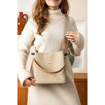 Just Polo Kadın Monogram Baskılı El Ve Omuz Çantası Ebat 25 X 25 VİZON