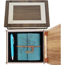 Özel Ahşap Kutulu Mavi Deri Defter Ve Kalem  Set