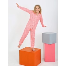 Düğmeli Kız Uzun Kollu 'hoho' Model Pijama Takımı Pembe