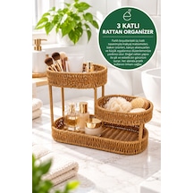 Evonıta Rattan Evonıta 3 Katlı Rattan Organizer Hasır Görünümlü Banyo Mutfak Makyaj Kozmetik Düzenleyici Çok Amaçlı Sepettepsisi Hasır Görünümlü Kulplu Servis Sepeti Kahvaltılık Ekmeklik Meyvelik Dekoratif Tepsi Kahverengi