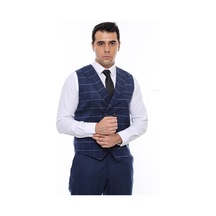 Wessi Kruvaze Yakalı Kareli Desenli Mavi Erkek Yelek 001