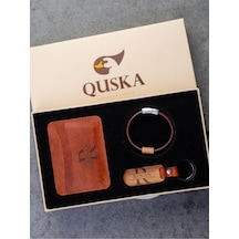 Quska Kişiye Özel İsimli El Yapımı Hakiki Deri Kiremit Kartlık+anahtarlık+bileklik Set - Grain Minimal Kahverengi
