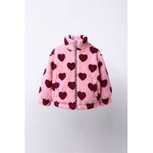 Magu Kız Çocuk Kalp Desenli Pembe Peluş Ceket