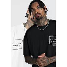 2'li Siyah Beyaz - Unisex Oversize Yaka Mantenha Baskılı Örme T-shirt Siyah