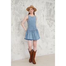 Fırfırlı Denim Kısa Elbise Mavi