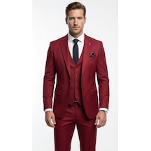 Erkek 3 Parça Slim Fit Takım Elbise Klasik Likralı Kumaş, Tek Düğme, Çift Yırtmaçlı Modern Kesim Ceket Yelek Pantolon Bordo