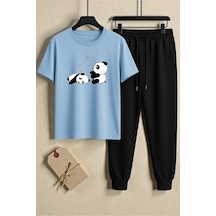 Uyguntarz Unisex Sleep Panda Baskılı Tasarım Tişört - 2'li Eşofman Takımı Bebe Mavi