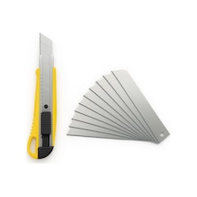 Tr Profesyonel Maket Bıçağı, 10 Adet Yedek Paslanmaz Çelik Bıçaklı, 18 Mm Segmentli, Ergonomik Kaymaz Sarı Sap,