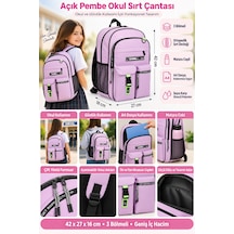 Okul Sırt Çantası Açık Pembe 3 Bölmeli Ortopedik Matara Cepli 42x27x16cm Çok Renkli