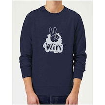 Peace Win Baskılı Indigo Mavi Lacivert Erkek Örme Sweatshirt