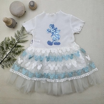 Veraura Lifestyle 1-2-3 Yaş Payetli Mickey Baskılı Brode Etekli Kız Bebek Elbisesi Turkuaz