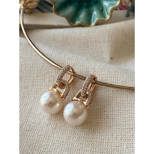 Vip Zirkon Taşlı Biyeli İnci Küpe Çok Renkli