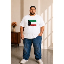 Sngl Tekstil Erkek Büyük Beden Kısa Kollu Kuveyt Bayrak Baskılı Tişört 3xl 4xl 5xl 6xl 7xl 8xl 9xl Beyaz